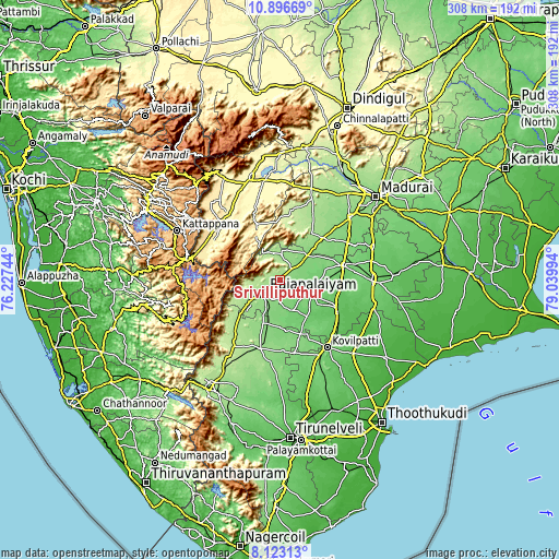 Topographic map of Srivilliputhur