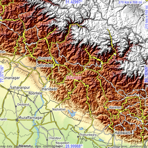 Topographic map of Srīnagar