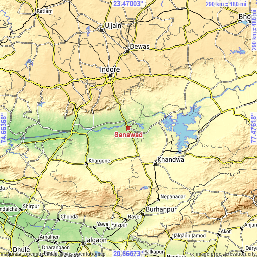 Topographic map of Sanāwad