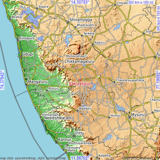 Topographic map of Sakleshpur