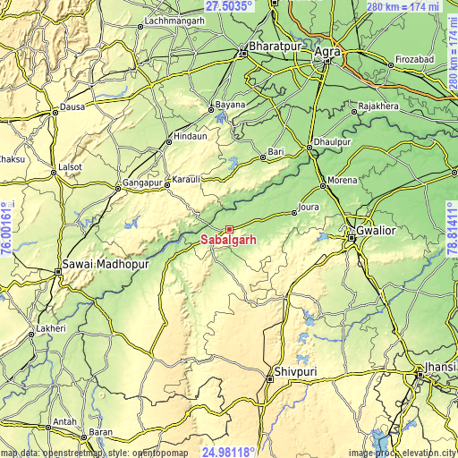 Topographic map of Sabalgarh