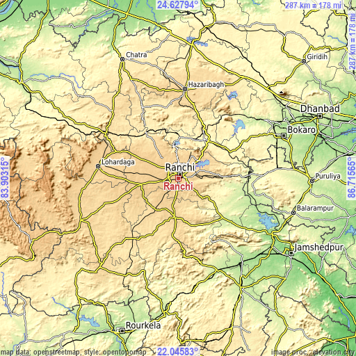 Topographic map of Ranchi