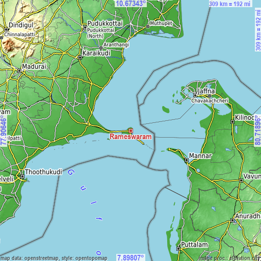 Topographic map of Rameswaram