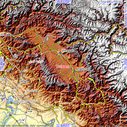 Topographic map of Pulwama