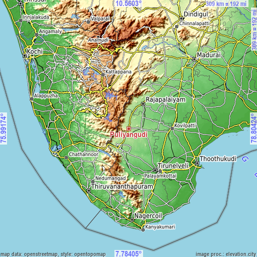 Topographic map of Puliyangudi