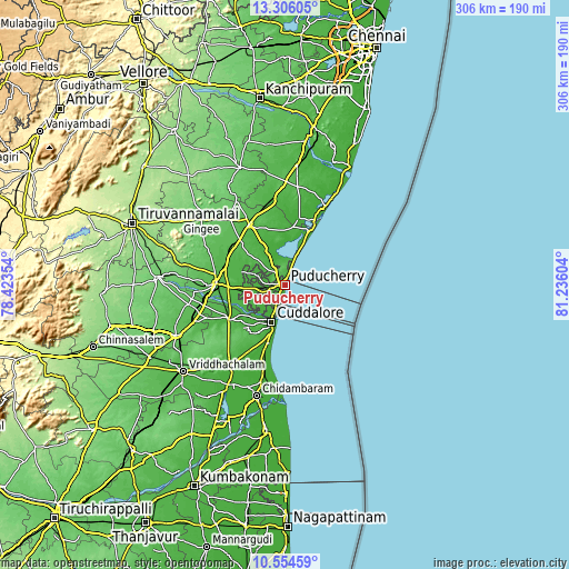 Topographic map of Puducherry