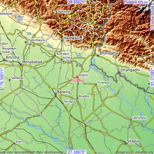 Topographic map of Pīlibhīt