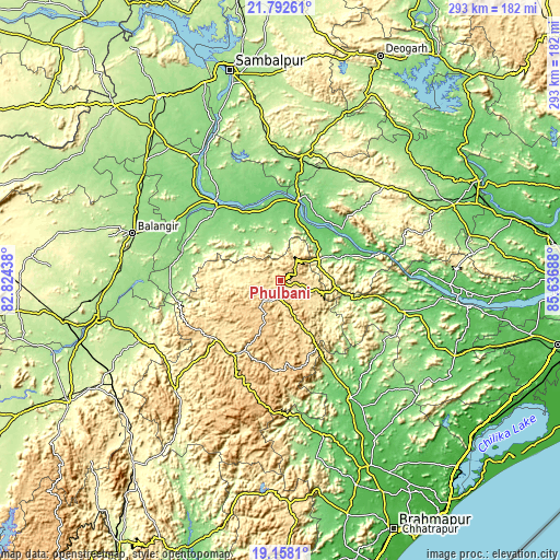 Topographic map of Phulbāni