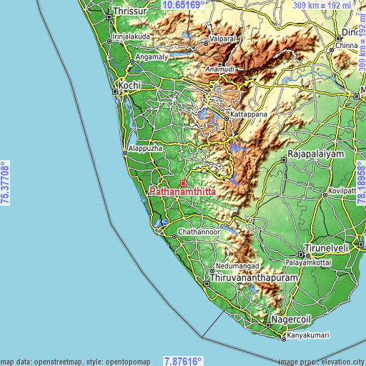 Topographic map of Pathanāmthitta