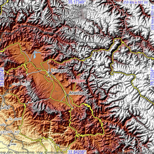 Topographic map of Pahlgām