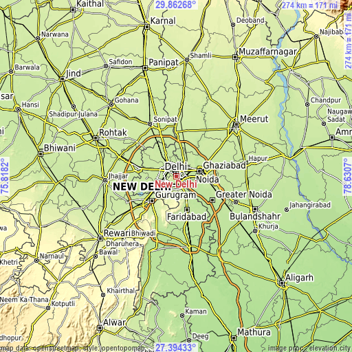 Topographic map of New Delhi