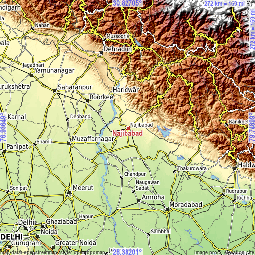 Topographic map of Najībābād