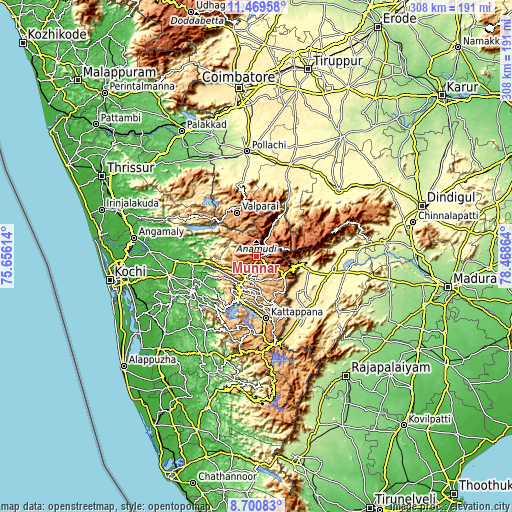 Topographic map of Munnar