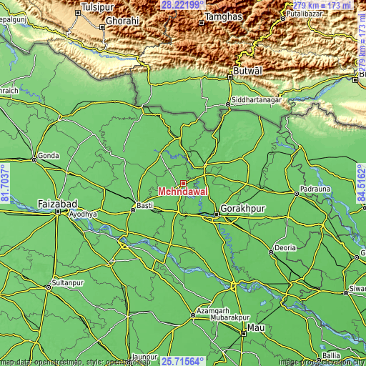 Topographic map of Mehndāwal