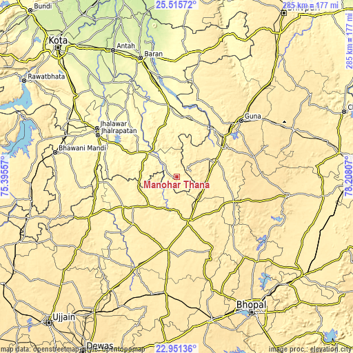 Topographic map of Manohar Thāna