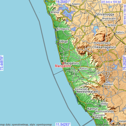 Topographic map of Mangalore