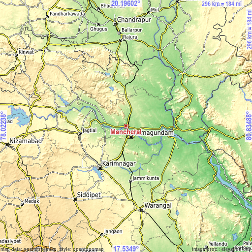 Topographic map of Mancherāl