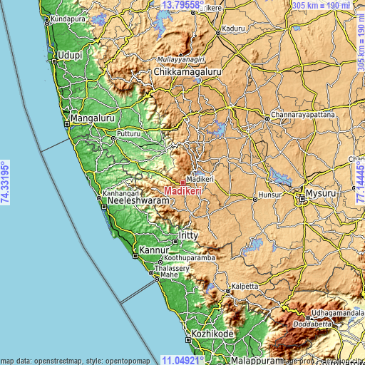 Topographic map of Madikeri