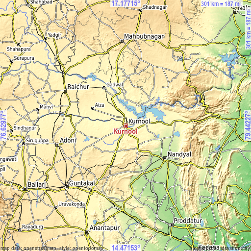 Topographic map of Kurnool