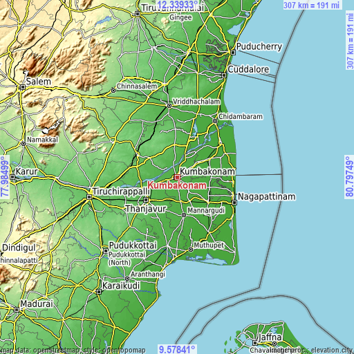 Topographic map of Kumbakonam