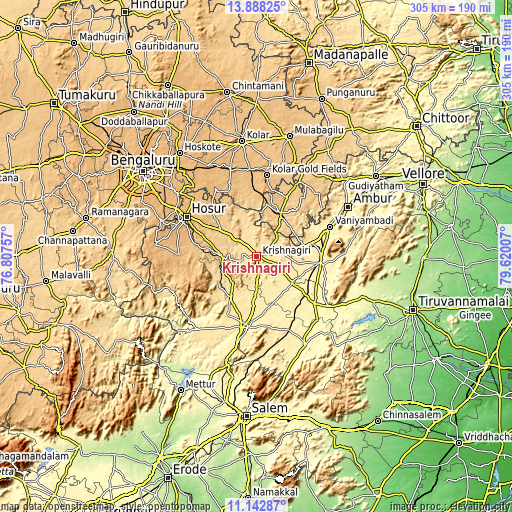 Topographic map of Krishnagiri