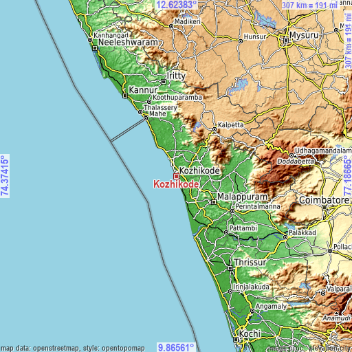 Topographic map of Kozhikode