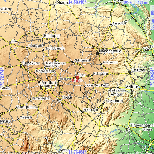 Topographic map of Kolār