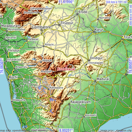 Topographic map of Kodaikānāl