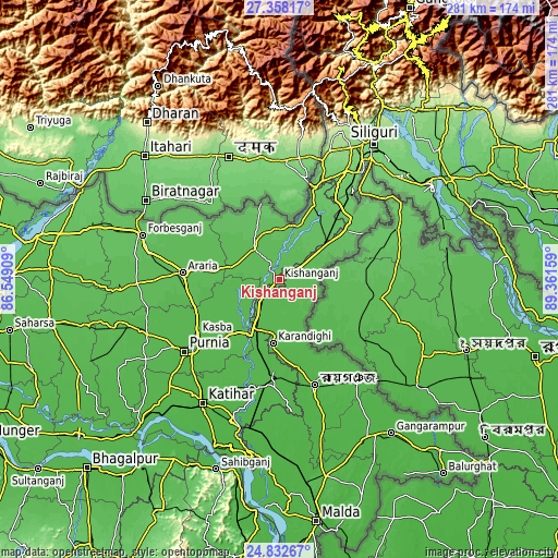 Topographic map of Kishanganj