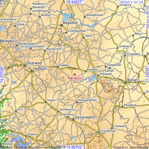 Topographic map of Kavalūr