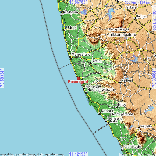 Topographic map of Kāsaragod