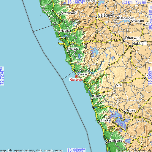 Topographic map of Karwar