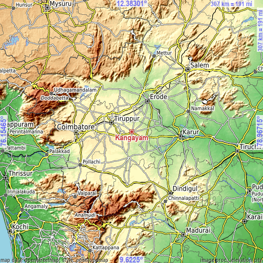 Topographic map of Kangayam