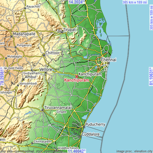 Topographic map of Kanchipuram