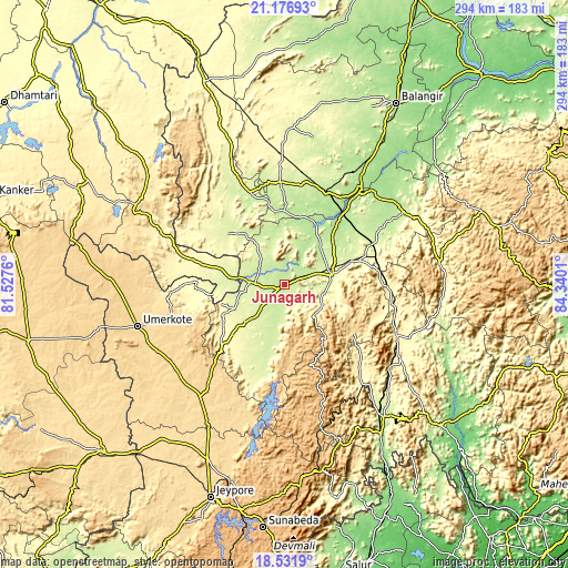 Topographic map of Jūnāgarh