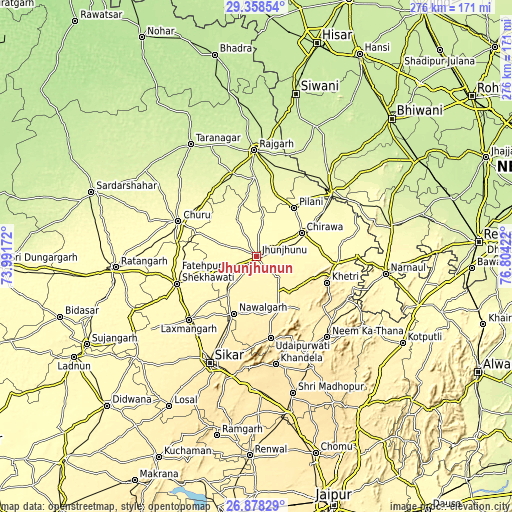 Topographic map of Jhunjhunūn