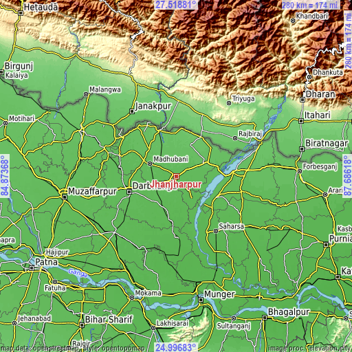 Topographic map of Jhanjhārpur
