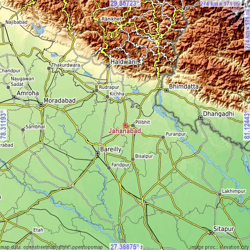 Topographic map of Jahānābād