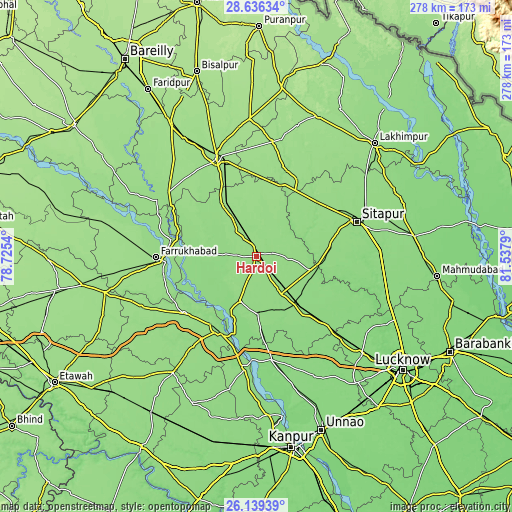 Topographic map of Hardoī