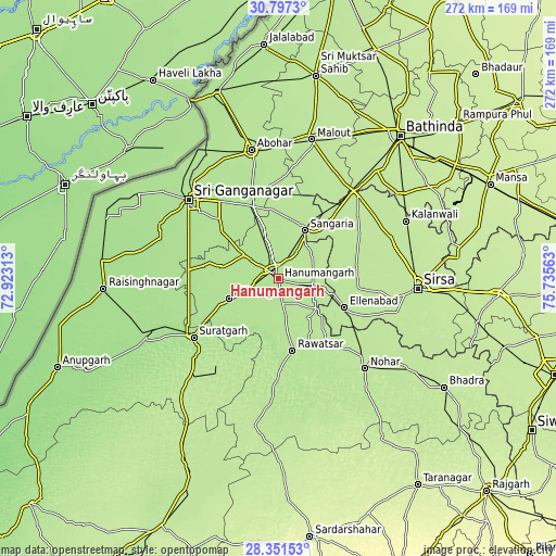 Topographic map of Hanumāngarh