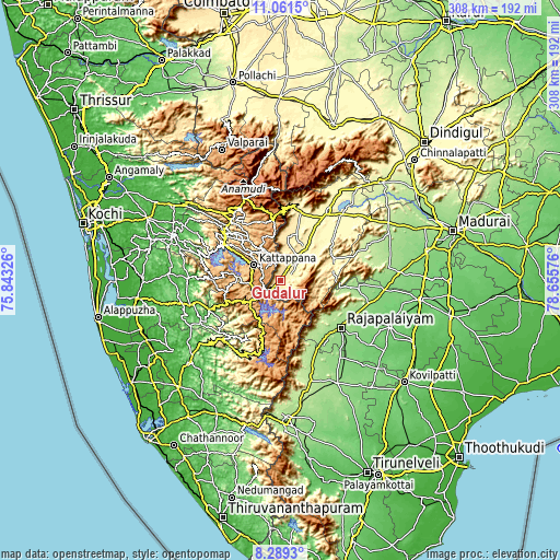 Topographic map of Gudalur