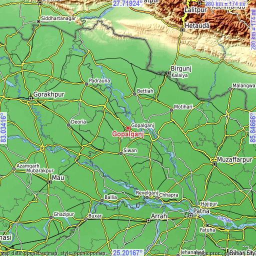 Topographic map of Gopālganj
