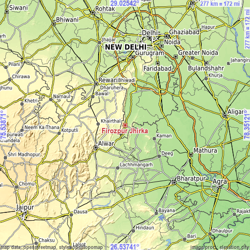 Topographic map of Fīrozpur Jhirka