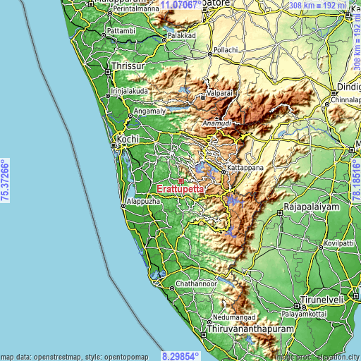 Topographic map of Erāttupetta