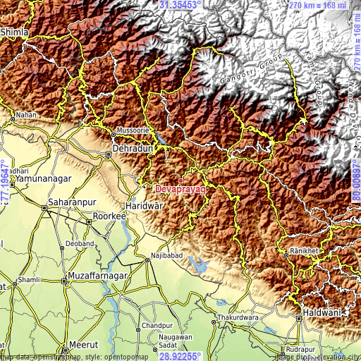 Topographic map of Devaprayāg