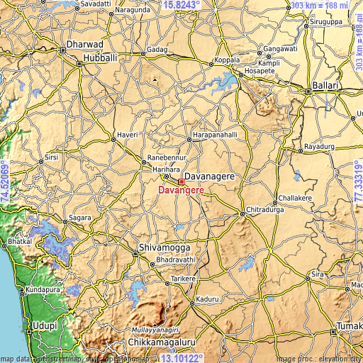 Topographic map of Davangere