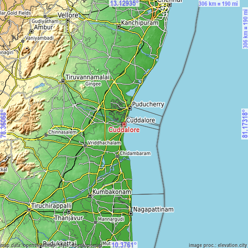 Topographic map of Cuddalore