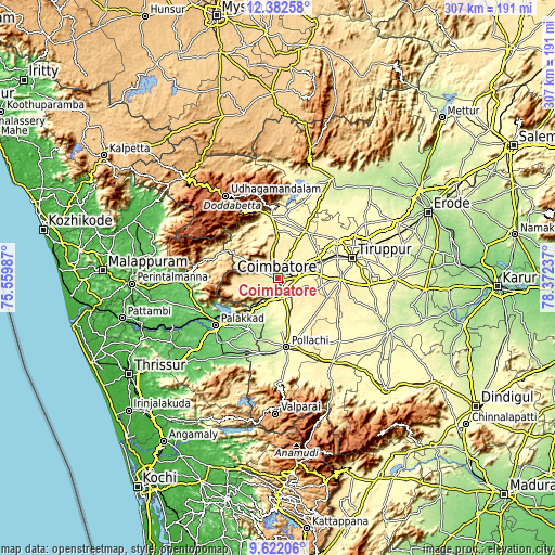 Topographic map of Coimbatore