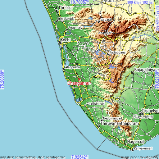 Topographic map of Chengannūr