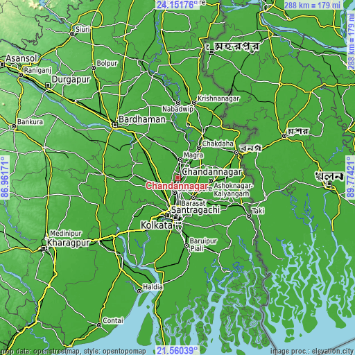 Topographic map of Chandannagar